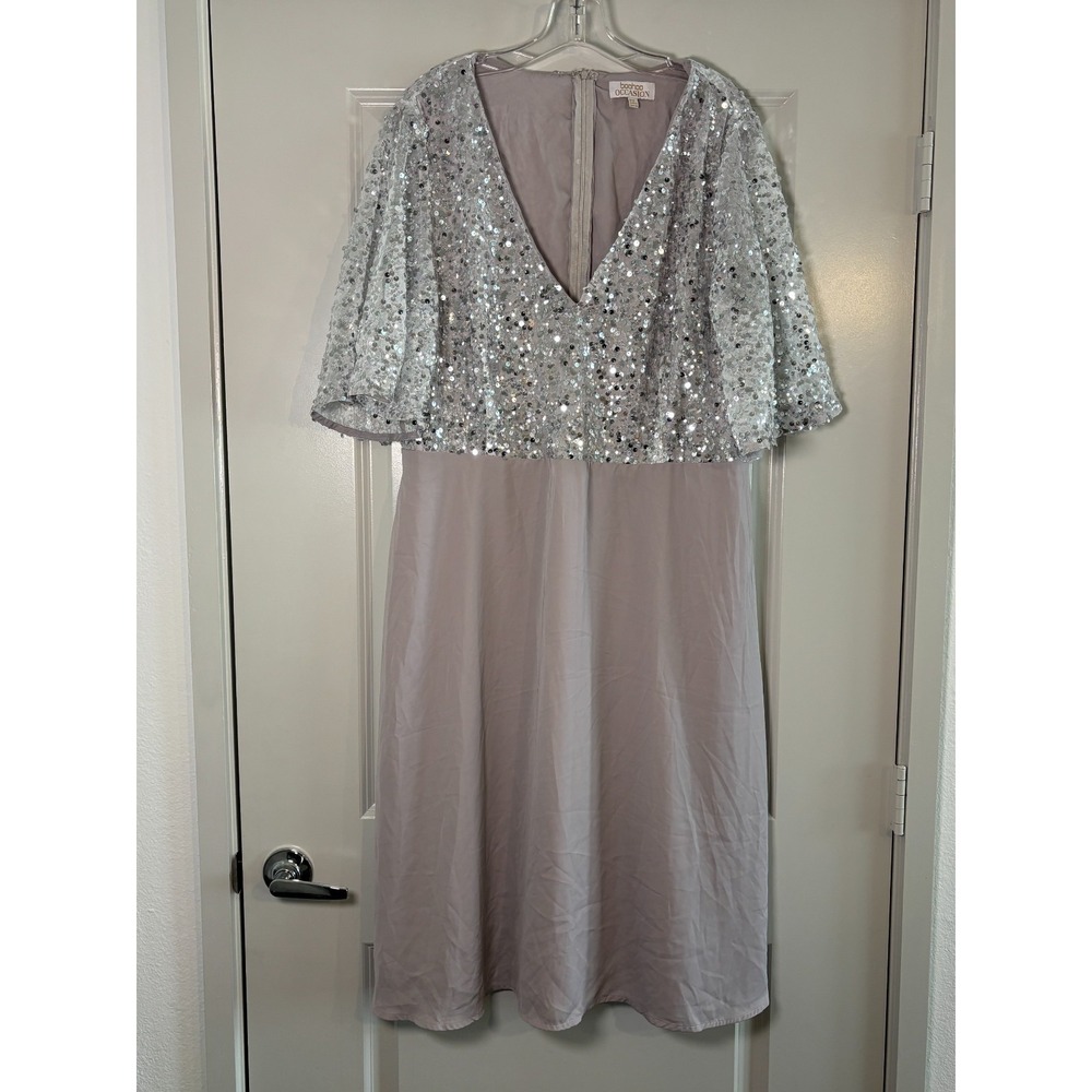 Boohoo Bridesmaid Occasion Sequin Maxi Dress Womens 18 Gray Bodice Angel Sleeve